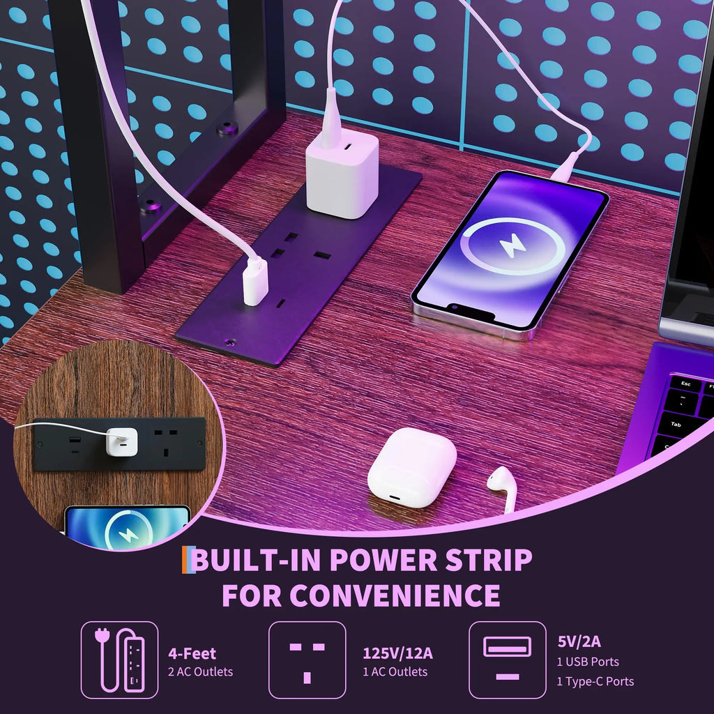L-Shaped Gaming Desk with LED Lights and Storage
