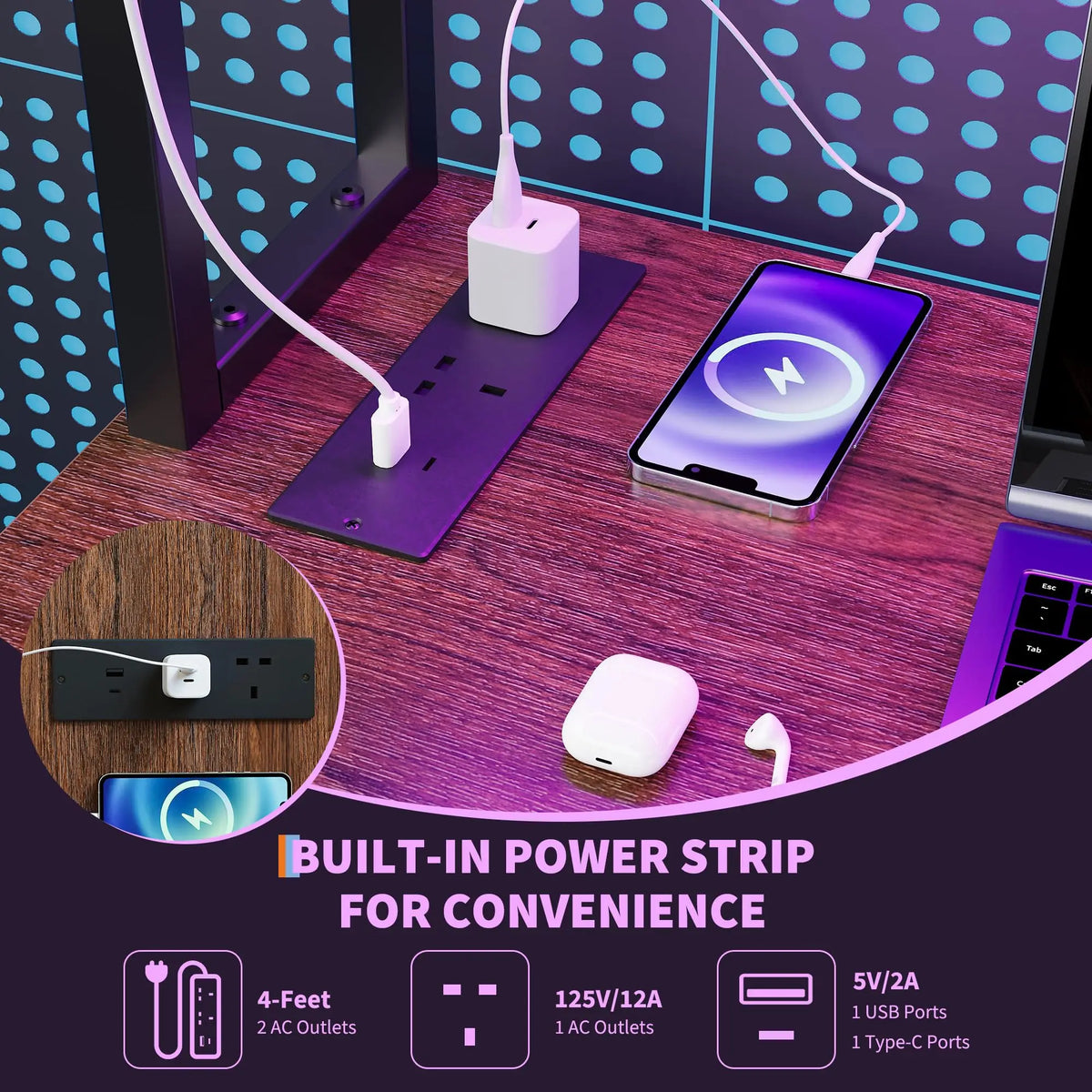 L-Shaped Gaming Desk with LED Lights and Storage