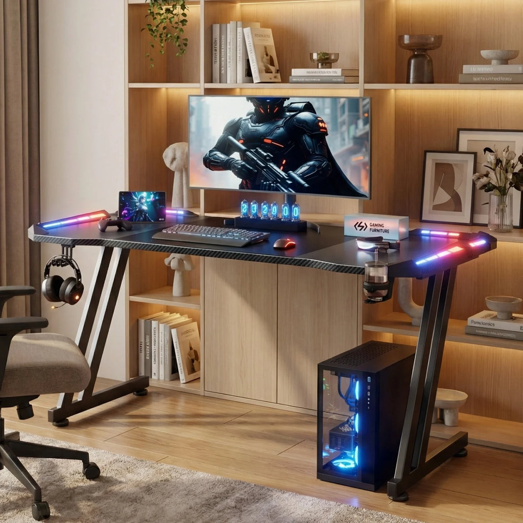 Z-Shaped Gaming Desk with LED Lights and Cup Holder