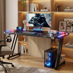 Z-Shaped Gaming Desk with LED Lights and Cup Holder