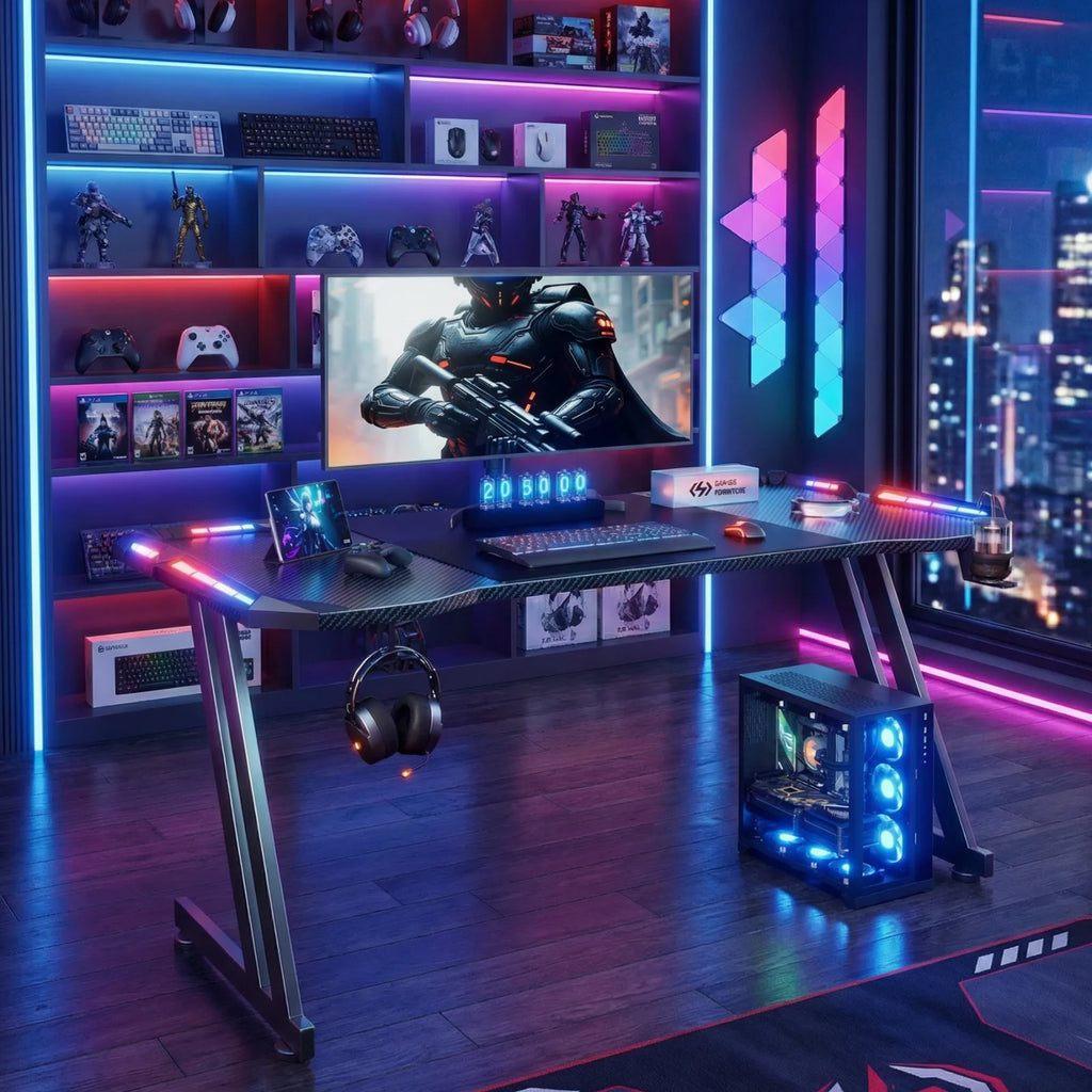 Z-Shaped Gaming Desk with LED Lights and Cup Holder