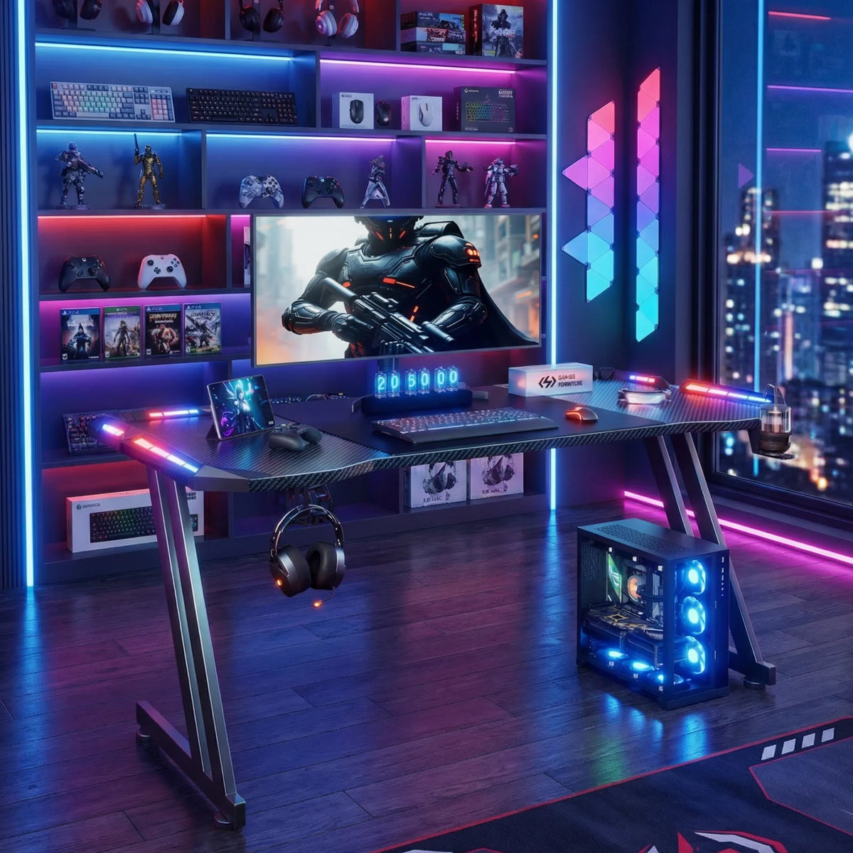 Z-Shaped Gaming Desk with LED Lights and Cup Holder