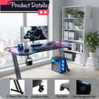 Z-Shaped Gaming Desk with LED Lights and Cup Holder