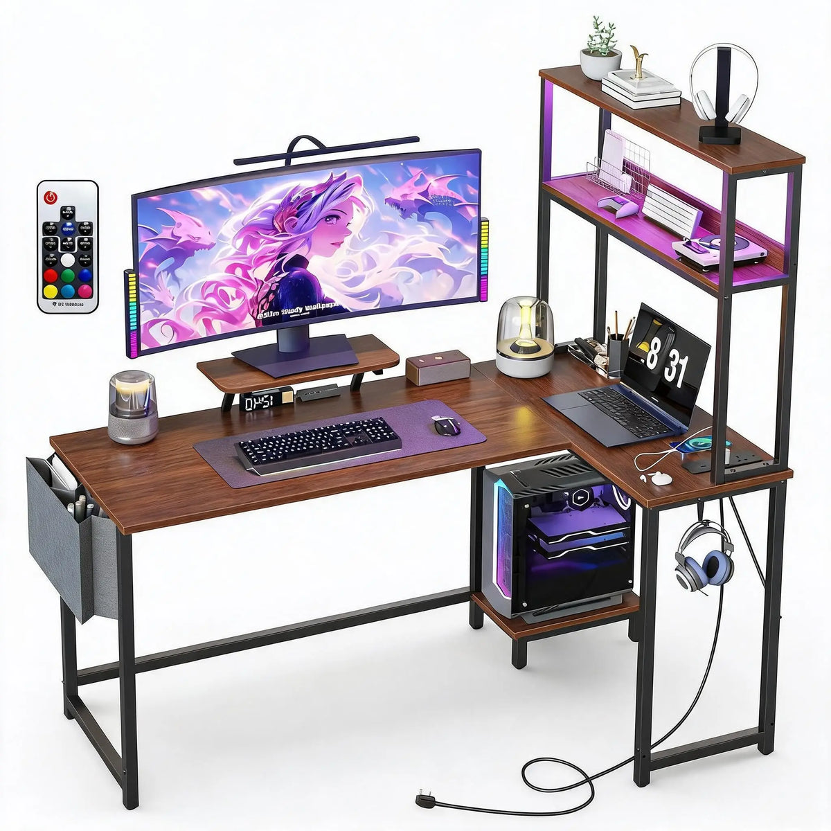 L-Shaped Gaming Desk with LED Lights and Storage