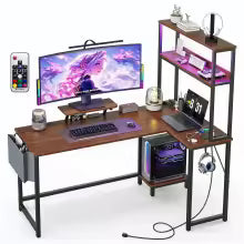 L-Shaped Gaming Desk with LED Lights and Storage