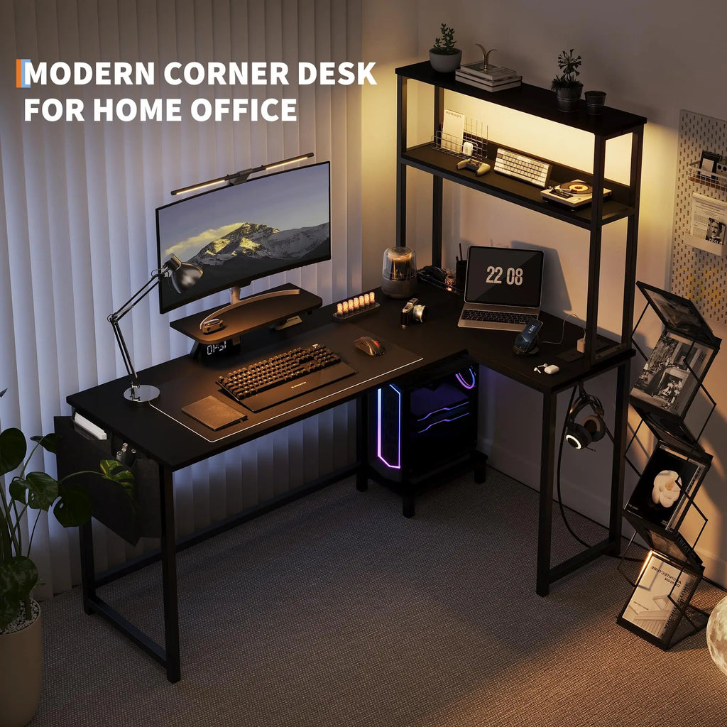 L-Shaped Gaming Desk with LED Lights and Storage