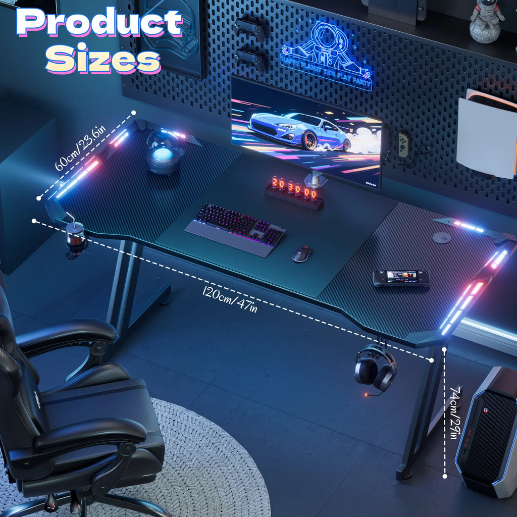 Z-Shaped Gaming Desk with LED Lights and Cup Holder
