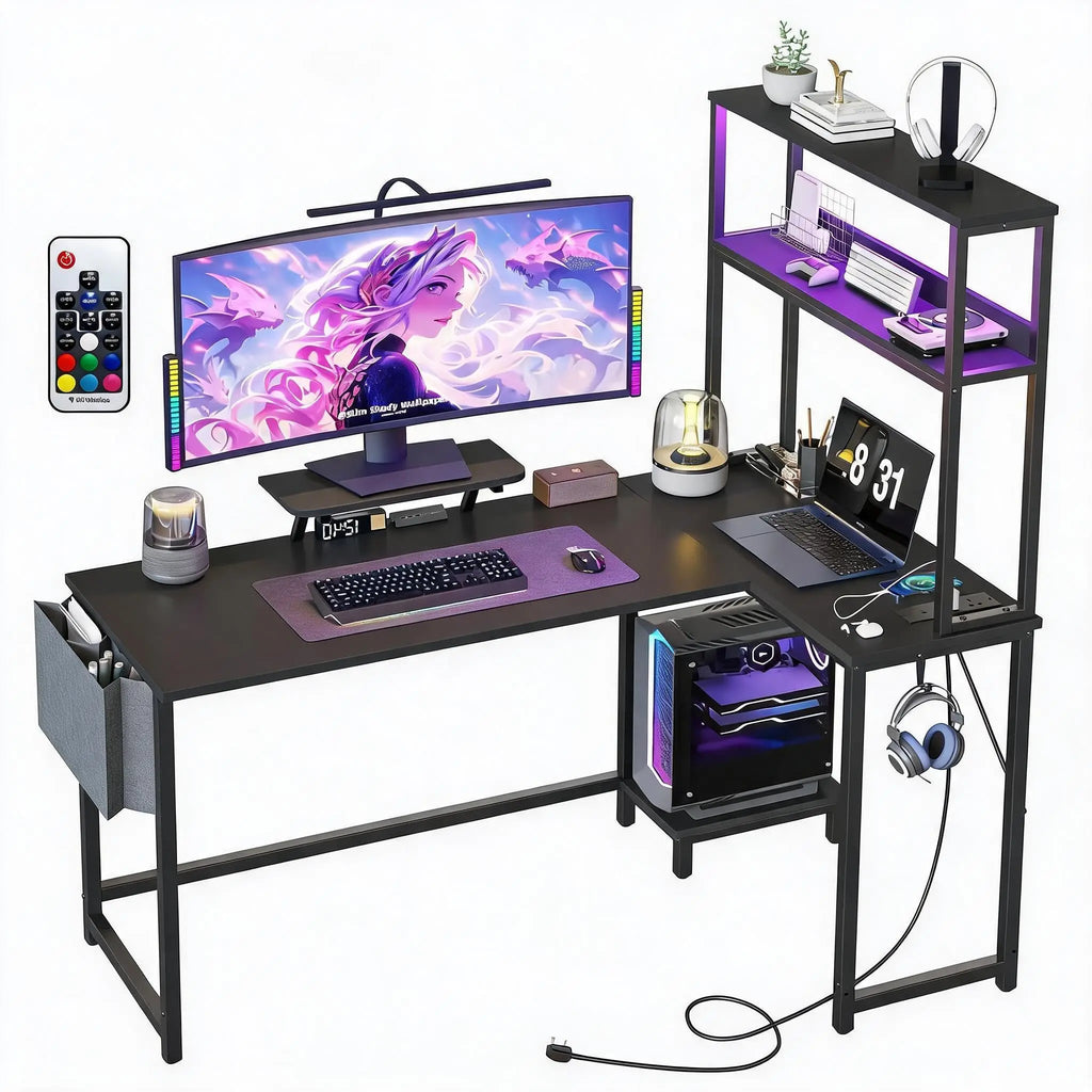 L-Shaped Gaming Desk with LED Lights and Storage