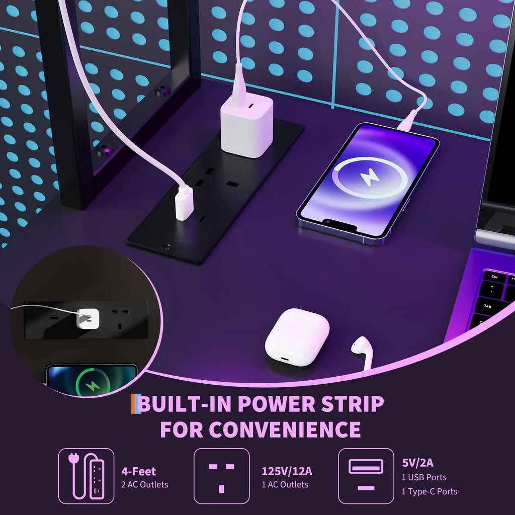 L-Shaped Gaming Desk with LED Lights and Storage