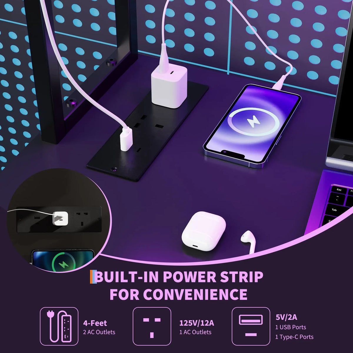 L-Shaped Gaming Desk with LED Lights and Storage