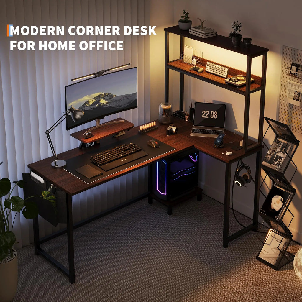 L-Shaped Gaming Desk with LED Lights and Storage