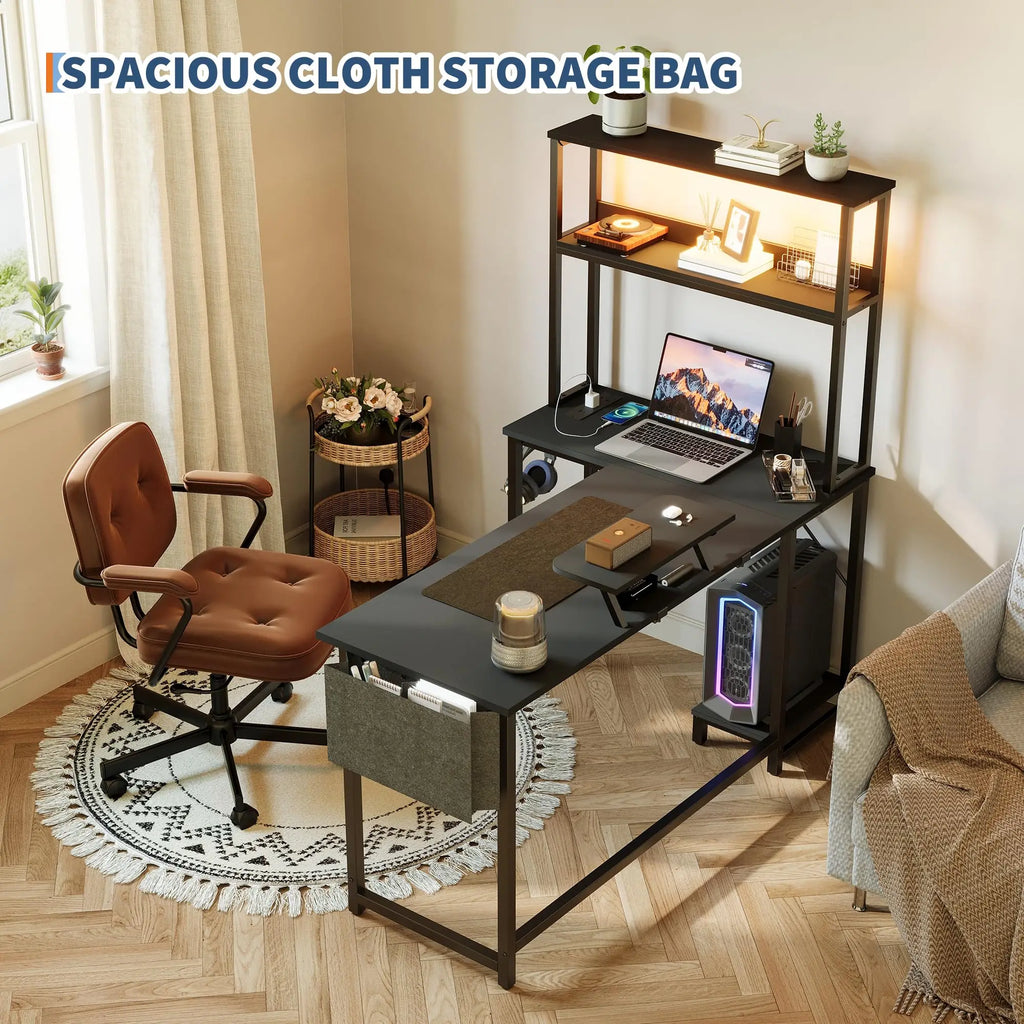 L-Shaped Gaming Desk with LED Lights and Storage