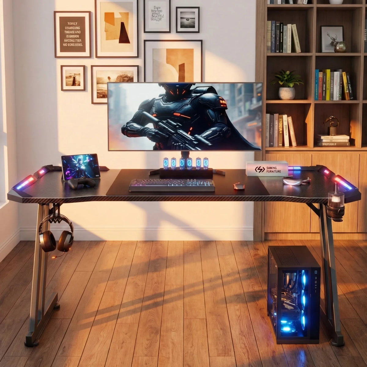Z-Shaped Gaming Desk with LED Lights and Cup Holder