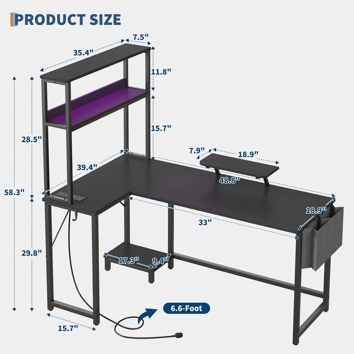 L-Shaped Gaming Desk with LED Lights and Storage