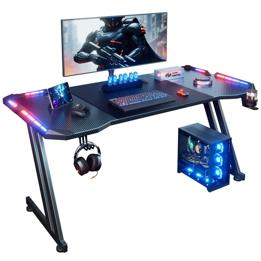 Z-Shaped Gaming Desk with LED Lights and Cup Holder