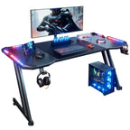 Z-Shaped Gaming Desk with LED Lights and Cup Holder